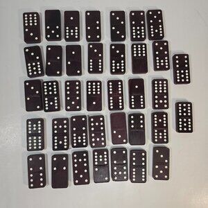 Vintage Wood Dominoes Set 37 Pc Partial Double Nine Embossed Red Stained Game